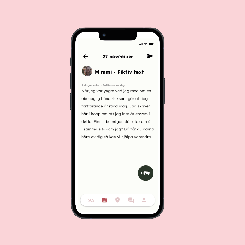 Dela din berättelse i vårt community. En rosa bakgrund och en telefon som visar en berättelse någon har skrivit. 